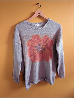 Grey Crewneck Sweater with Pink & Yellow Floral Motif